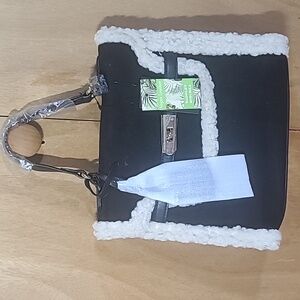 NWT Badgley Mischka Black Satchel Fur Trim Vegan Leather Crossbody NWT$159